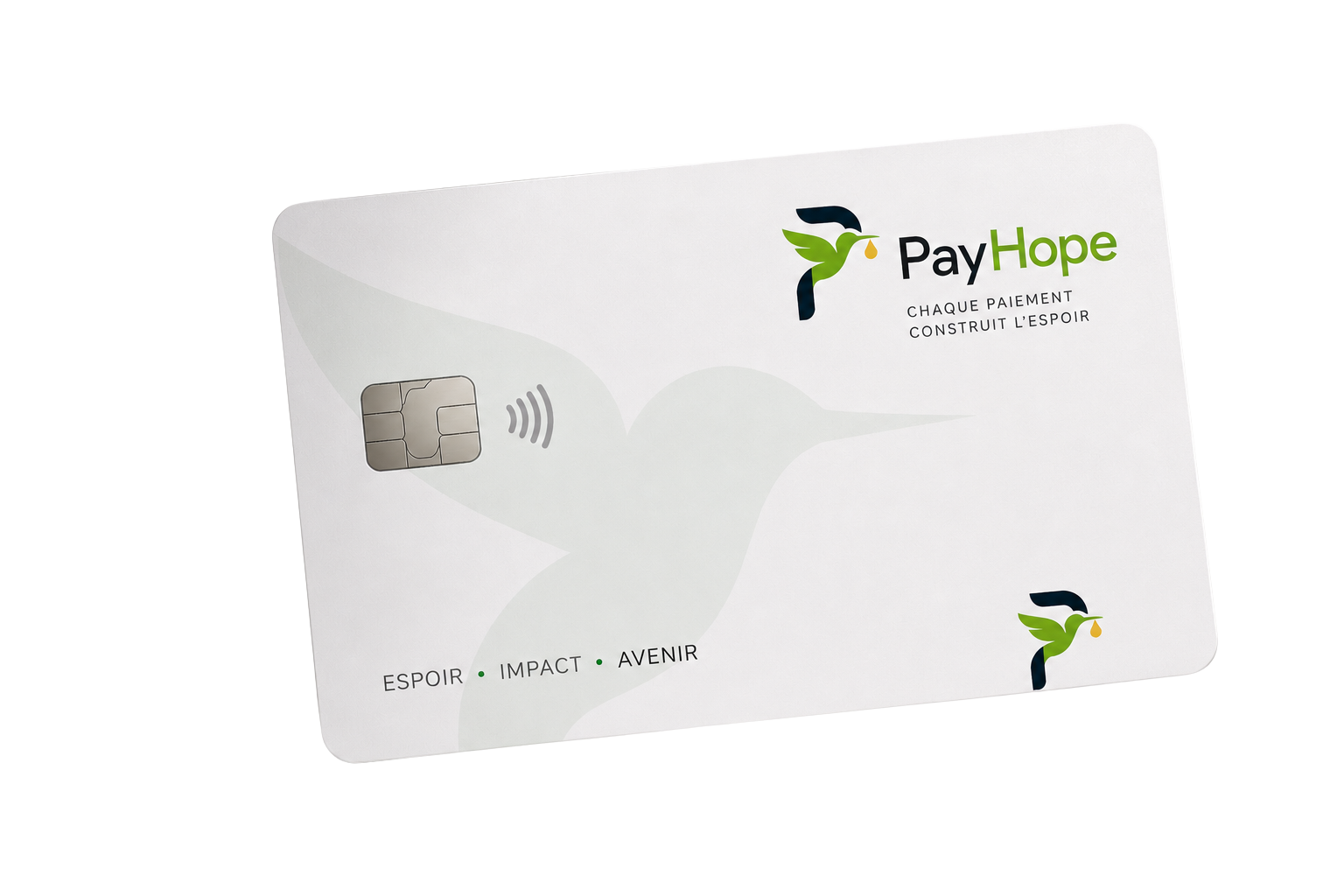 Carte bancaire PayHope blanche, recto avec puce et logo colibri