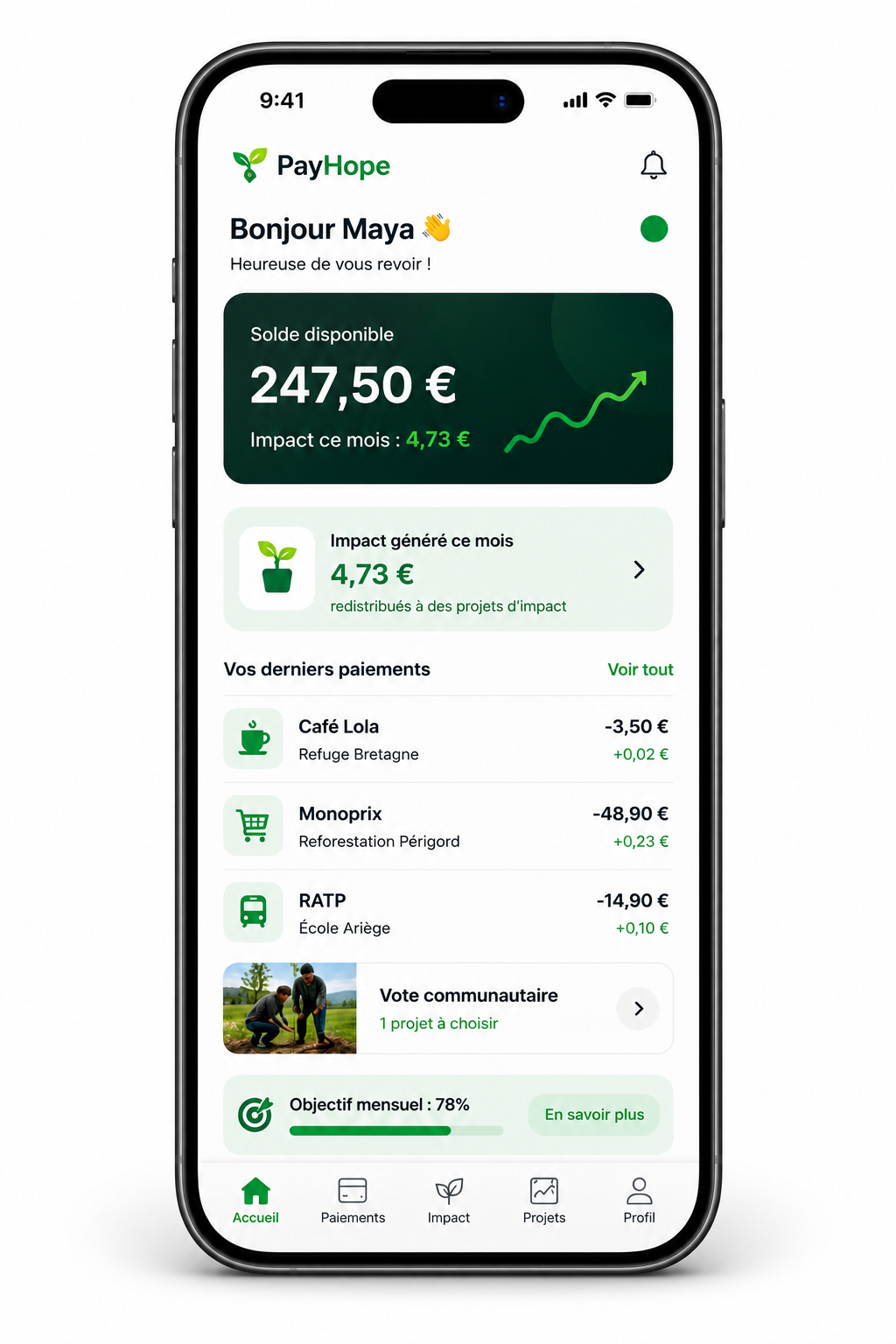 Application PayHope montrant le solde et l'impact généré